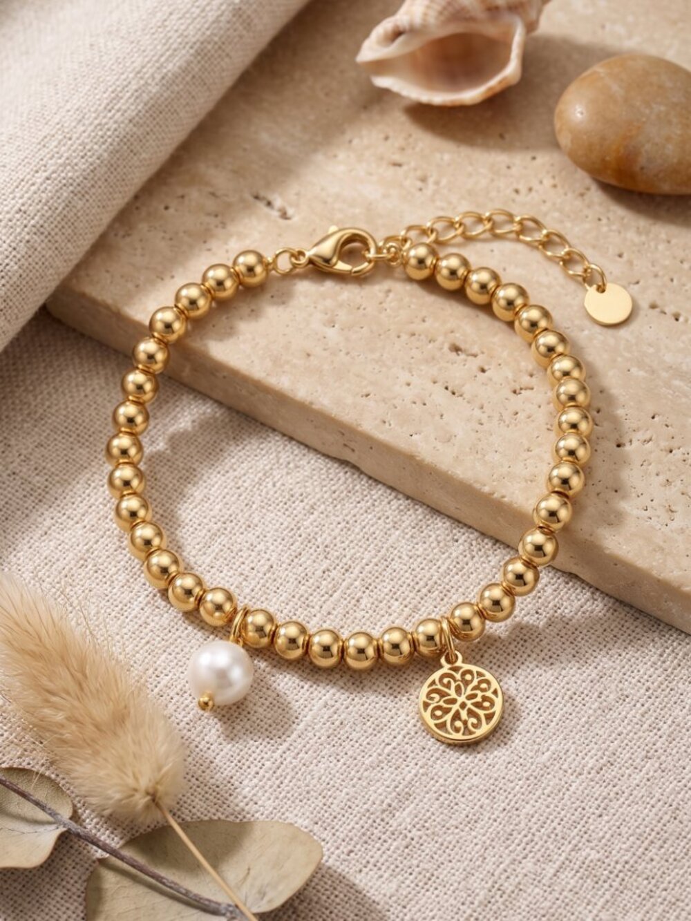 18K Gold Plated Steel Beaded Bracelet Mandala Freshwater Pearl Charm Clean Girl